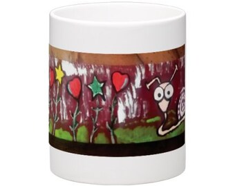 CUTE Whimsical BABY SNAIL Wraparound Coffee Mug Art By Scott D Van Osdol Painted Office Decor Tea Hot Chocolate Hearts Stars Flowers Decor