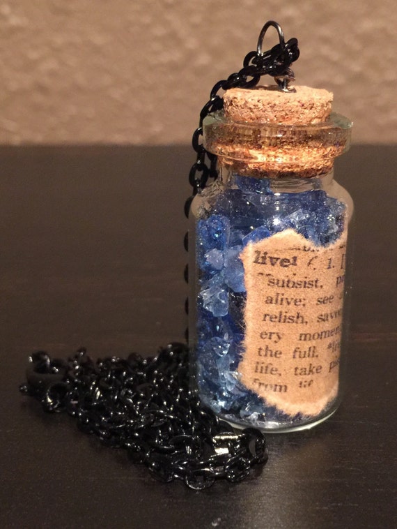 Live Glass Bottle Necklace, with "Live" Thesaurus Paper