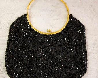 Vintage Black sequined evening bag with gold trim