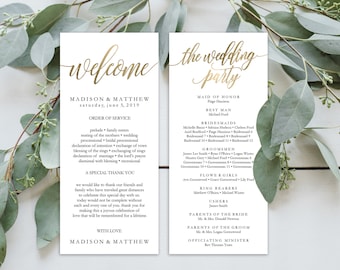 Wedding Program Editable Template | Program Printable, Ceremony Printable | Gold Rustic Calligrapy Hand Lettered | 4x9" | No. EDN 5183 Gold