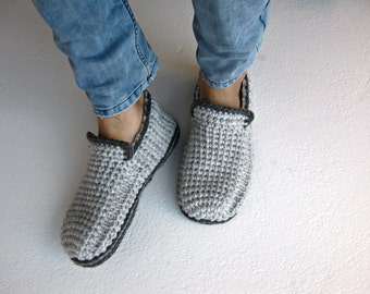 Crochet Men Slippers With Felt Soles, Gray Loafer Slippers, Mens House Shoes, Crochet Boots, Wool Slippers, Gift For Men, Mens Moccasins