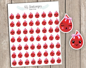 Kawaii Period Stickers, Blood Drop Stickers, Functional Sticker, ECLP, Filofax, Kikki K, Period kawaii, fits in personal size planner.