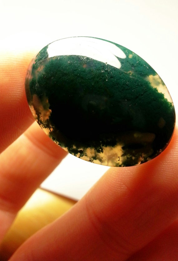 Dark Green Moss Agate Cabochon Natural Stone Plume by StoneLush