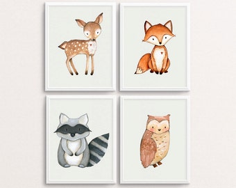 Woodland Nursery, Woodland Animal Print, Nursery Wall Art, Fox Print, Racoon Printable, Deer Poster, Animals Nursery Decor, Forest Animals