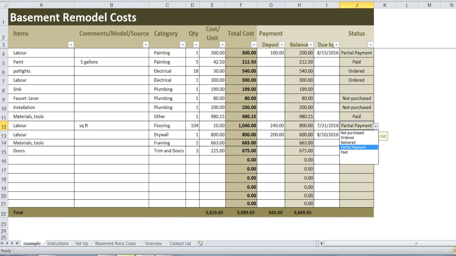 Basement Remodel Costs Calculator Excel Template Renovation Cost