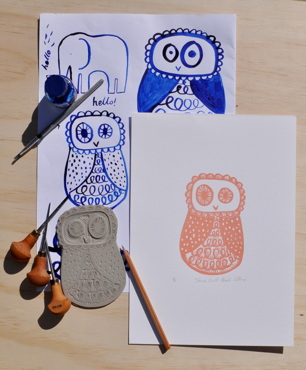 Stevie Owl Lino Print Lino Artwork Owl Art Peach By Pigeongillian