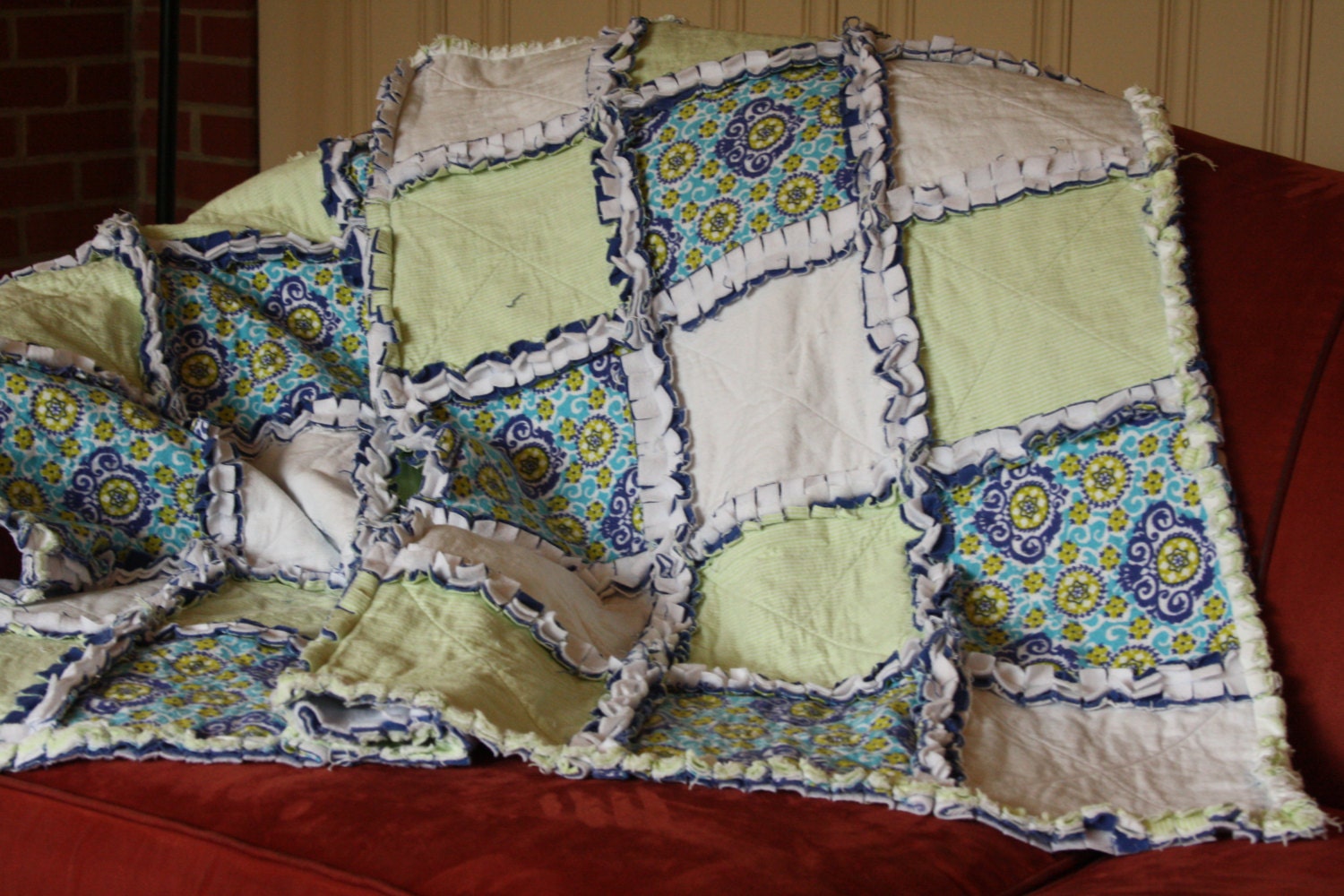 Green/Blue warm cozy Flannel and fleece rag quilt Lap warm