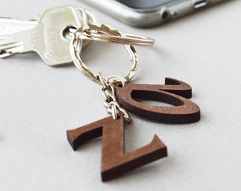 Letter Keyring in Walnut Wood, Wooden Custom Letters Keychain, Initial Charm