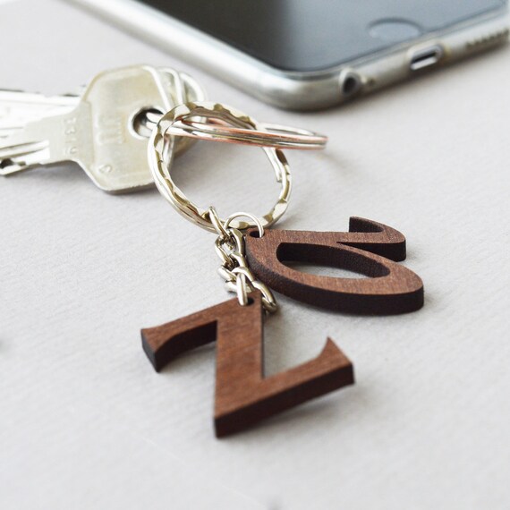 Letter Keyring in Walnut Wood Wooden Custom Letters Keychain