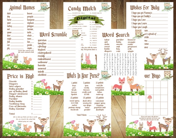 SALE 8 GAMES Woodland Baby Shower Games Forest Animals Baby