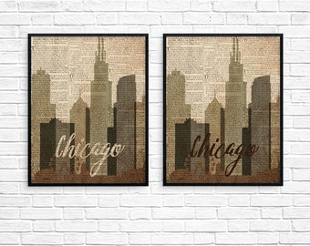 Chicago skyline, dictionary art print, chicago art, chicago poster, chicago print, chicago architecture, lakeshore chicago.
