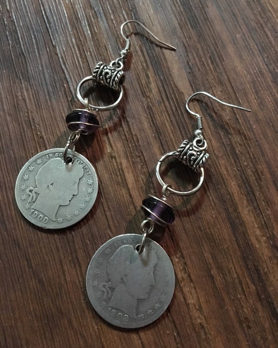SILVER Barber quarter dangle earrings-coin by lovesilverhalos
