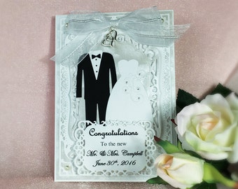 Personalized Wedding Congratulations Card - Suit and Dress with hearts charm