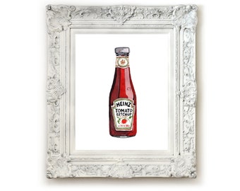 Ketchup Illustration Print, Giclee Print, Wall Art, Watercolor Print, Illustration. Heinz Ketchup Bottle.