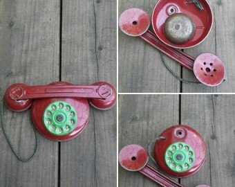 Vintage Red Tin Telephone, Toy Rotary Phone, 1950s, Green Dial, Tin Toy Collectibles, Tin Toys