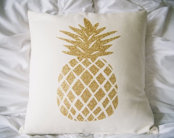Gold glitter pineapple pillow cover. Cotton canvas pillow cover with zipper, pineapple decor, pineapple love, 16" x 16" pillow cover