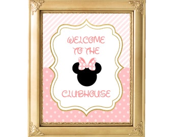 Printable 8x10 Minnie Mouse Sign, Welcome to the Clubhouse, Minnie Mouse Birthday, Pink and Gold, Welcome Sign, Birthday, AB05