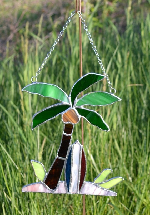 Stained glass suncatcher palm tree with red by YingsGlassStudio