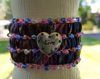 Upcycled Silk Necktie - Beaded - Smocked - Women's - Cuff Bracelet
