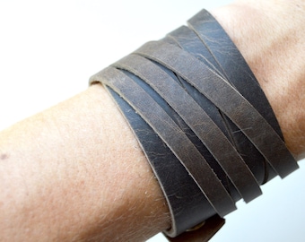 Rustic Brown Leather Wrap Bracelet Cuff: Triple Wrap Genuine Leather Cuff