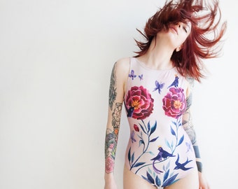 Floral sexy swimsuit, One piece bathing suit, Retro swim suit, Rose printed swimsuit, Romantic woman swimsuit Modest 70s swimwear FAIRY TALE