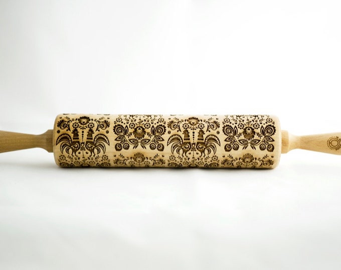 FOLK rolling pin, embossing rolling pin, engraved rolling pin for a gift, rooster, gift ideas, gifts, unique, autumn, wedding
