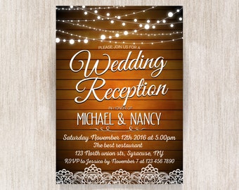 Rustic Wedding Reception Invitation. Wedding Reception Invitation. Fairy Lights. String Lights. Lace Invitation. Wooden background - 1603