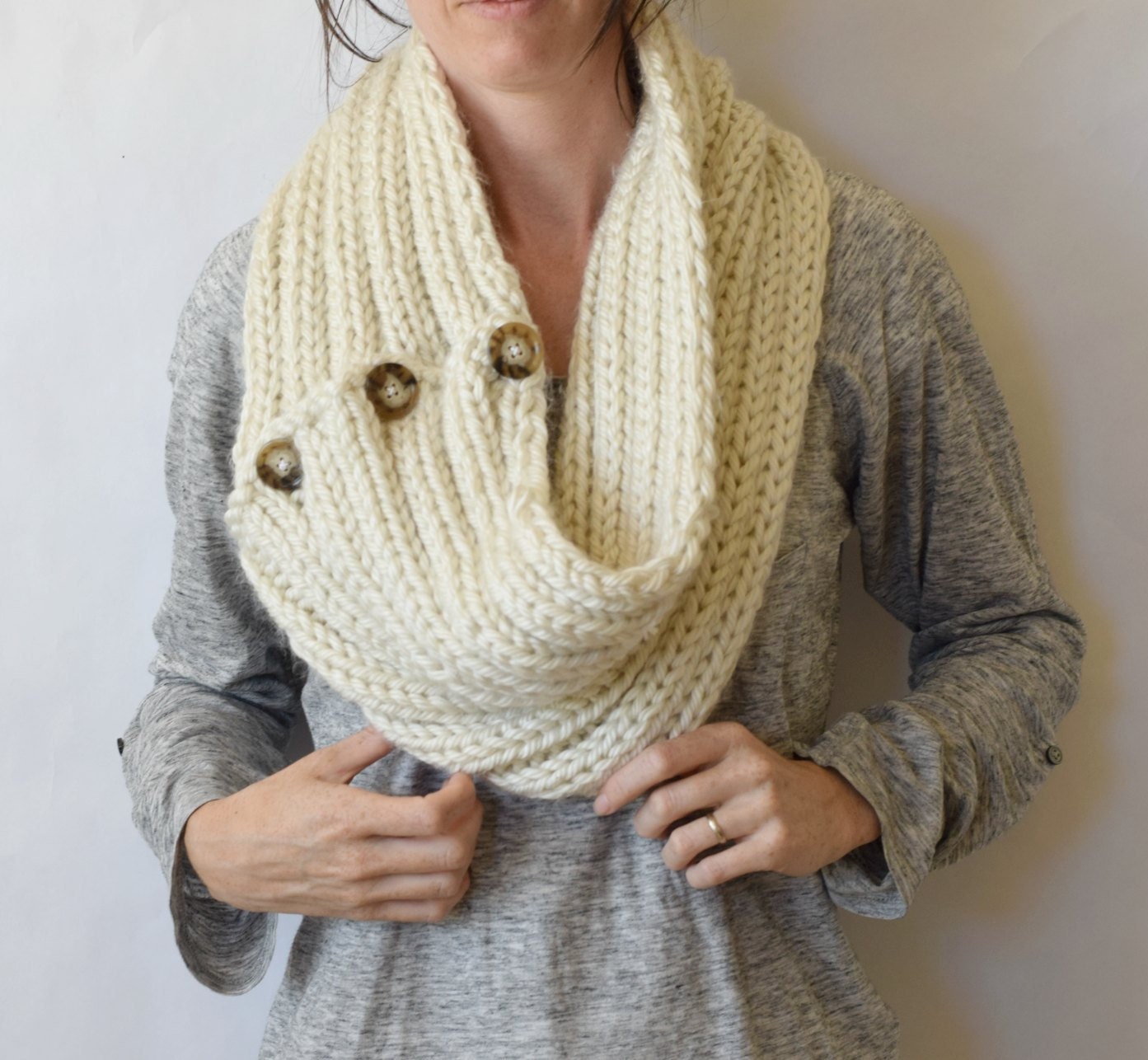 Giant Knit Cowl Big Knit Scarf Cream Knit Scar by MamaInAStitch