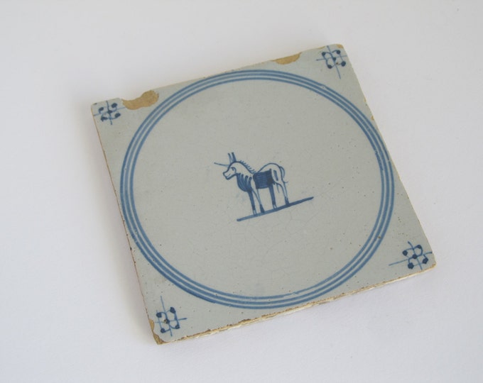 Antique unicorn tile, rare vintage Dutch blue and white wall tile, wall decor, mythological beast collectible