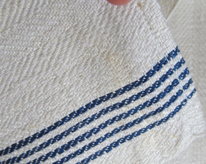 Vintage French linen towel, classic tea towels, large 37x18" traditional herringbone cloths with blue stripe, old kitchen decor- 2 available