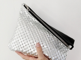 Luxury Embossed Leather Pouch in Shiny Metallic Silver and Buttery Black with Gorgeous High-end Silver Zipper