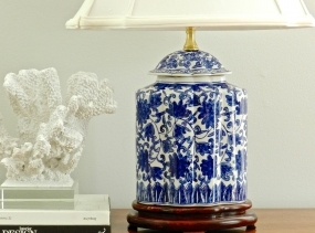 Vintage Chinoiserie Table Lamp Silk Shade Blue White Asian Chinese Lamp Lighting Chinoiserie Palm Beach Chic Decor