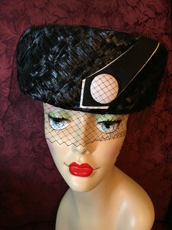 1960's Black Straw Pillbox Hat With Netting Veil.