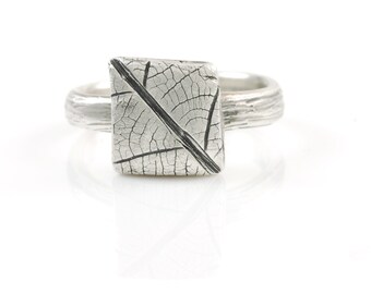 Square Leaf Imprint Ring in Palladium Sterling Silver - Made to Order