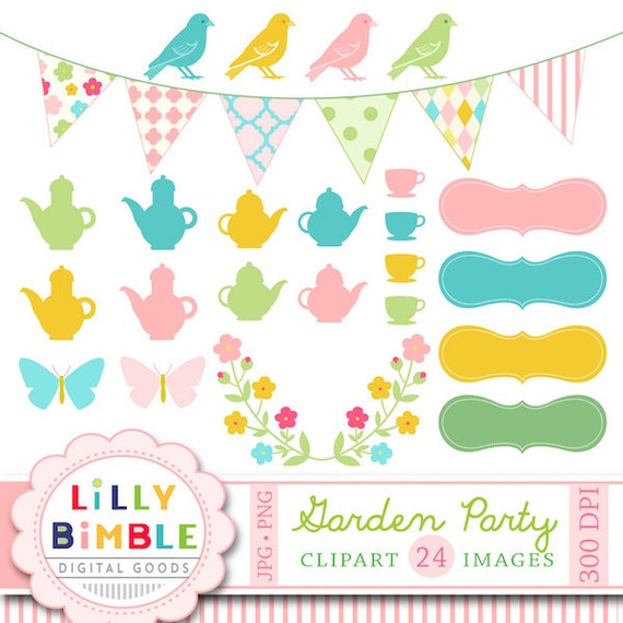 Garden Party clipart for cards, Birds, Teaparty, teapot, bunting floral DIGITAL DOWNLOAD Il_570xn