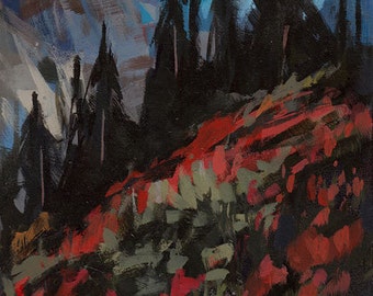 Original Landscape Meadow Mountain Trees Forest - 5x7 by David Lloyd