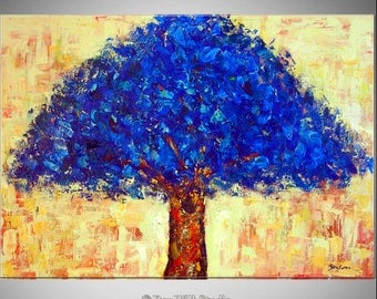LARGE Tree Oil Painting ORIGINAL Artwork - Blue Tree Art - Ready to Hang by BenWill