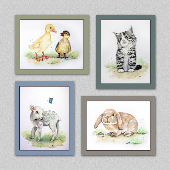 Items similar to Set of Four Baby Farm Animal Art prints. CUSTOM BORDER COLORS. Farm Animals
