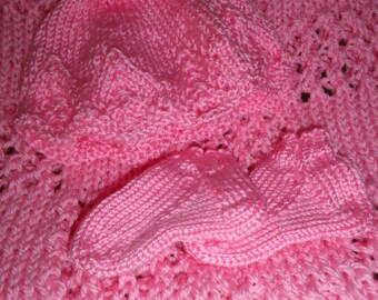 Bright Pink Knitted Blanket, Hat and Booties Set