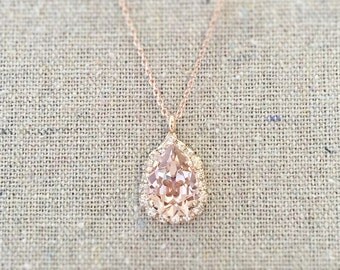 Swarovski Crystal Blush Pink Faux Diamond Halo Teardrop Pendant Rose Gold Bridal Necklace Morganite Wedding Jewelry Bridesmaids Gifts