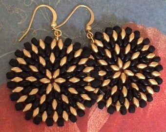 Seed Bead Earrings - Big Bold Black And Gold Disc Earrings - Beadwork Jewelry - Statement Jewelry