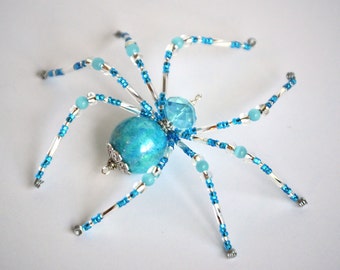 Gemma - aqua and clear glass beaded spider goth sun catcher - Halloween decoration - Christmas ornament