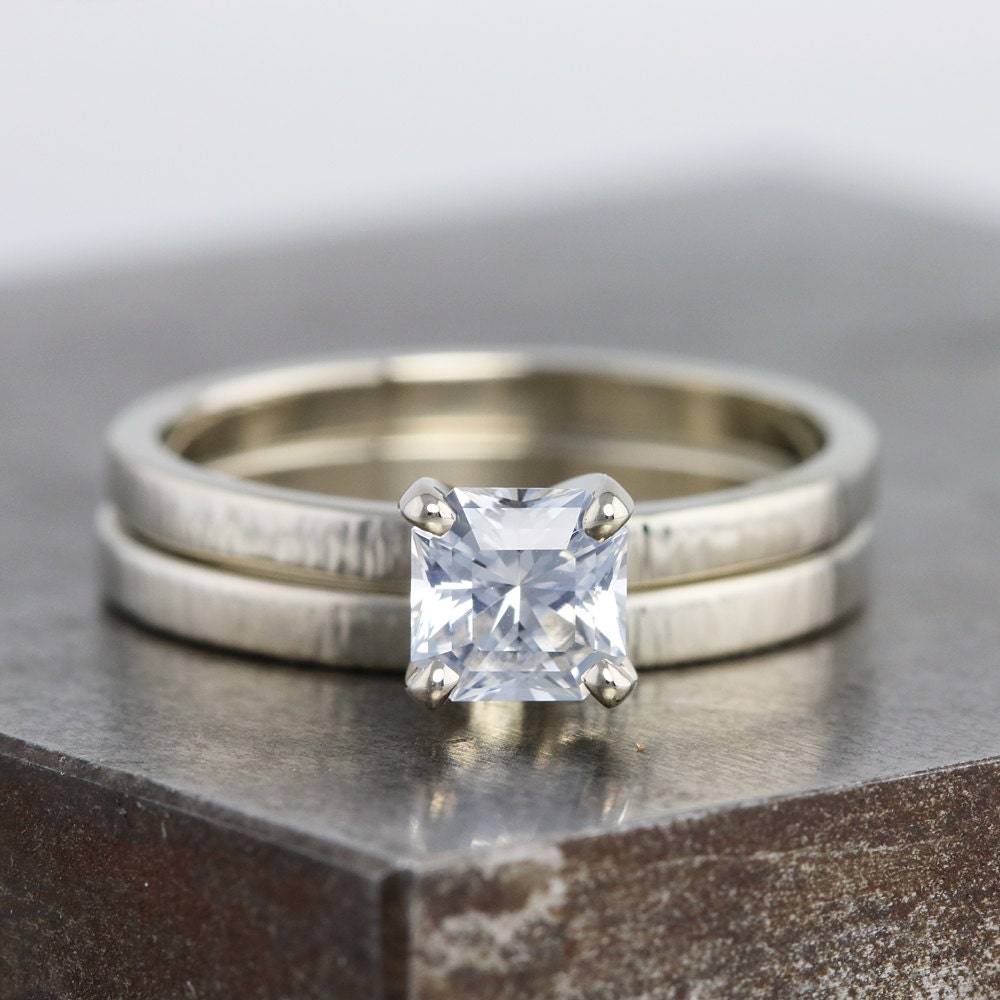 White Gold Hammered Bridal Ring Set with Square Asscher Cut