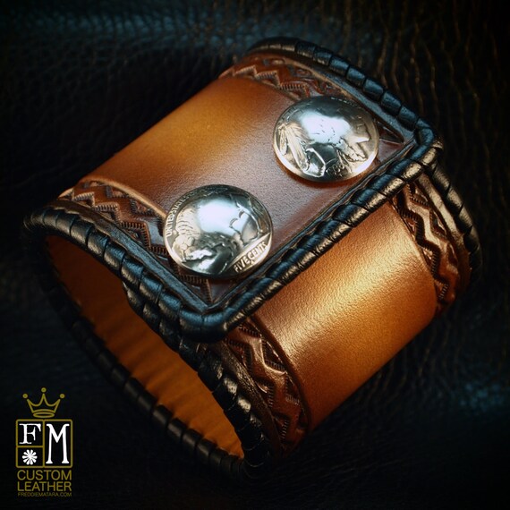 Leather cuff Bracelet Brown sunburst Vintage style laced edge, hand tooled, Buffalo nickels - Quality Made for YOU in NYC by Freddie Matara