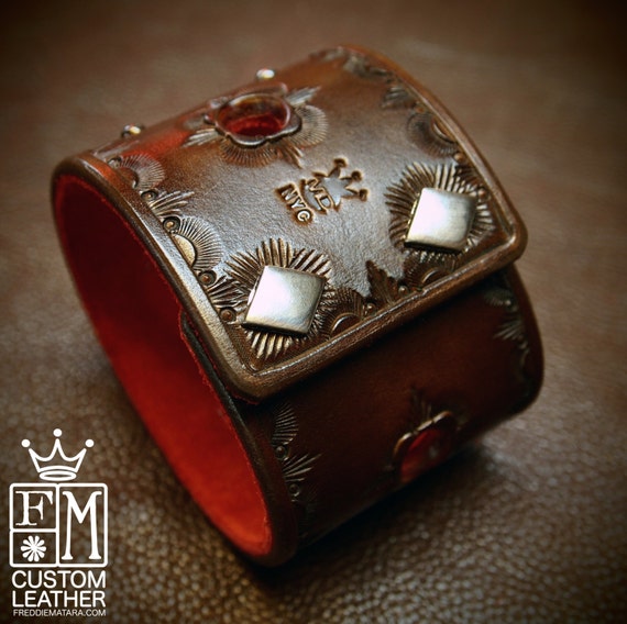 Leather cuff Bracelet Hand Tooled Walnut brown with Red suede lining Made for YOU in NYC by Freddie Matara!