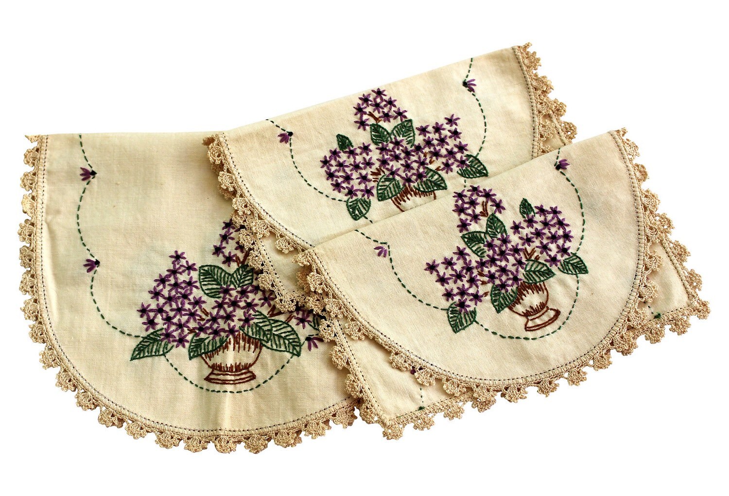Linen Dresser Scarf Set S/3 Purple Flowers Embroidery on Flax