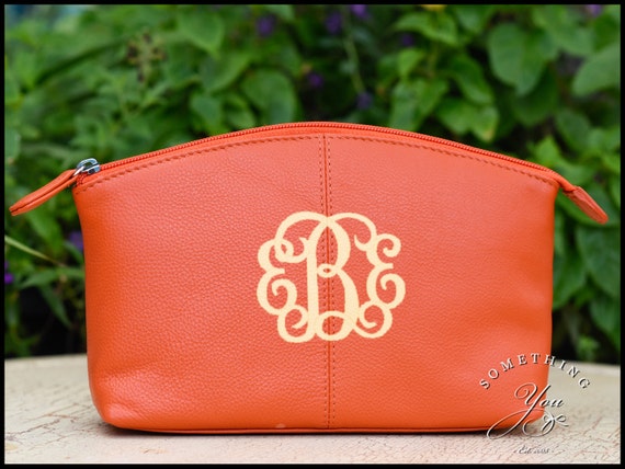 Orange Monogrammed Leather Cosmetic Bag by SomethingYouGifts