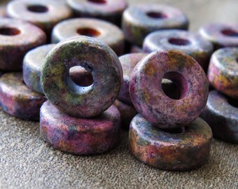 8mm Thick Greek Ceramic Bead Mykonos Melitzania Purple Mix Round Washer : 25 pc Ceramic Spacer Disc