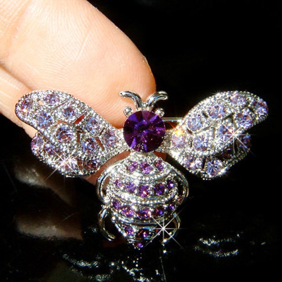 Swarovski Crystal Purple Queen BUMBLE BEE Honey Insect Bug Pin