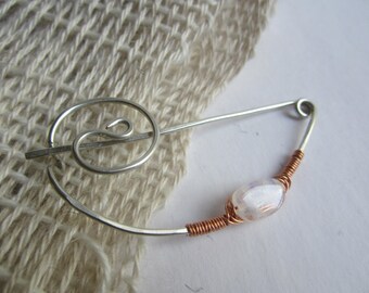 Silver over Copper Shepherds Crook Shawl Pin - Moonstone